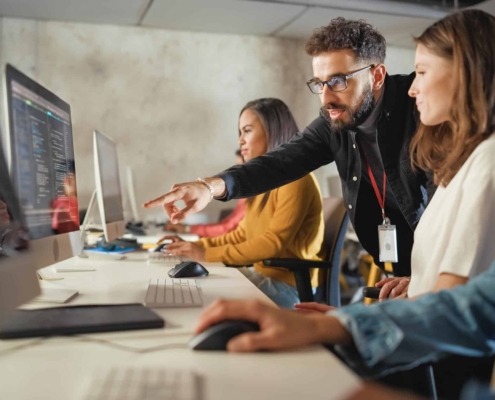 Image of an IT worker helping a person wtih their computer.