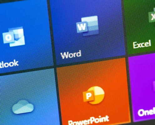 Microsoft Office icon apps on the display notebook closeup_