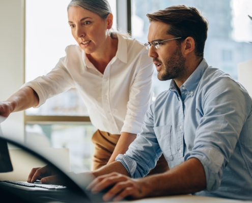 Two people at computer in office